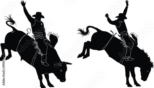 Set of rodeo silhouettes featuring cowboys riding a bucking bull and a bronco horse for western sports design