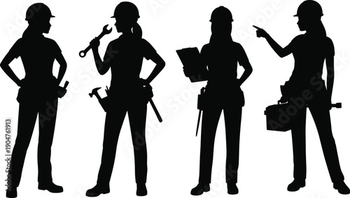 Female construction professionals silhouettes vector illustration isolated on white background, women engineers and technicians poses collection, industrial workforce empowerment concept