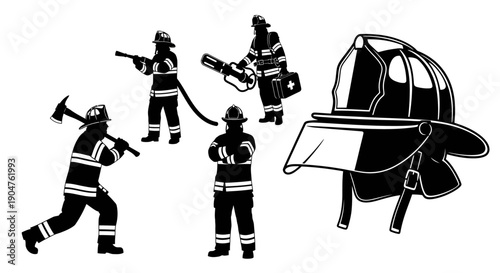 Firefighters in action responding to emergency with equipment and helmet nearby