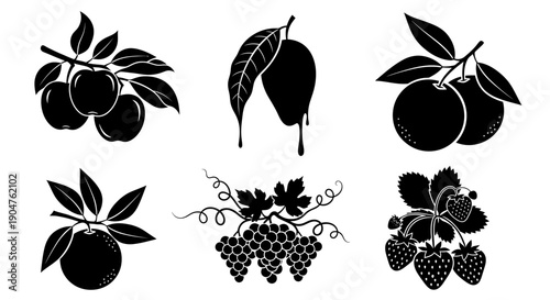 Collection of black silhouettes featuring various fruits and leaves on stems, showcasing plums, peaches, grapes, and berries