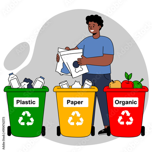 Smiling person sorting paper into yellow bin, promoting waste segregation with green, yellow, red recycling containers.
