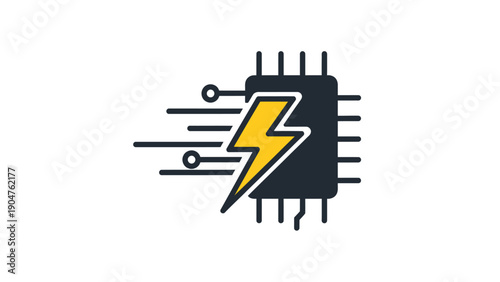 High-Speed Processor Icon: Fast Microchip with Lightning Bolt Symbol, Accelerated CPU Performance and Technology Power Vector Illustration.