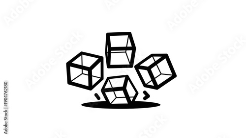 Abstract Geometric Wireframe Cubes Icon. Four Tumbling 3D Box Structures in Black and White Vector Illustration.