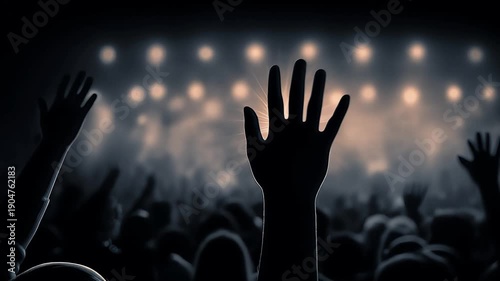 Dramatic silhouettes of raised hands against radiant starburst light with bokeh stage lights creating powerful worship atmosphere in concert or spiritual gathering setting, loop