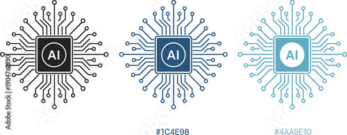 Artificial Intelligence AI Processor Microchip Icon Set with Circuit Board Lines for Machine Learning Digital Technology Computing and Future Innovation