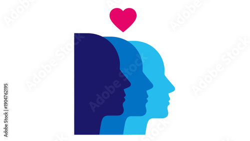 Community Love and Shared Emotion: Vector Illustration of Three Blue Human Head Profiles with a Pink Heart, Concept of Belonging and Support.