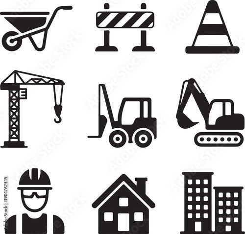 Detailed black silhouettes show three construction workers actively engaged on a complex scaffolding structure