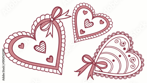 Three decorative pink hearts with lace borders and ribbons for romantic design projects