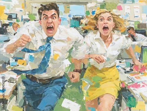 Two office workers running anxiously with papers flying in chaos  