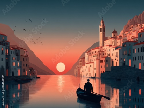 Man rowing boat on calm water during sunset in coastal village  