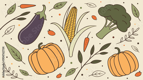 Hand drawn illustration of autumn vegetables like pumpkins, corn, eggplant and broccoli.