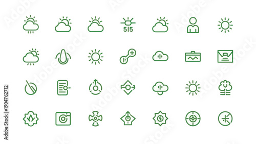Collection of green outline icons for web and application design