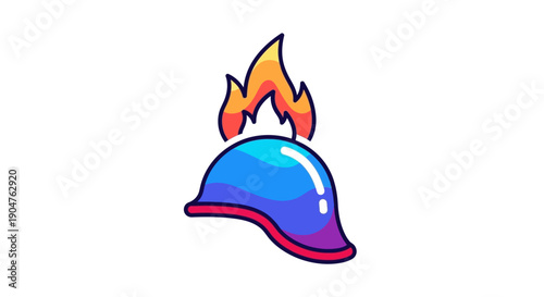 Vibrant cartoon blue helmet with fiery flames bursting from its top, depicting energy or a hot