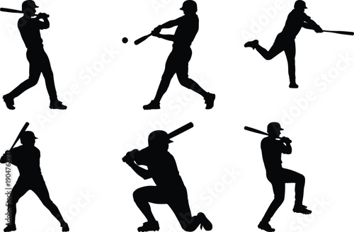 Baseball player silhouettes in action on white background