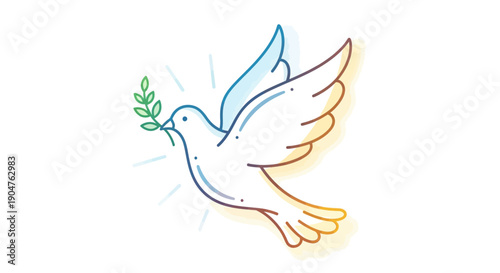 Gradient Outline Dove with Olive Branch Symbolizing Peace and Hope Vector Illustration