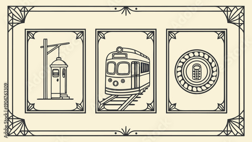 Vintage art deco illustration featuring three panels of transportation symbols like trams.