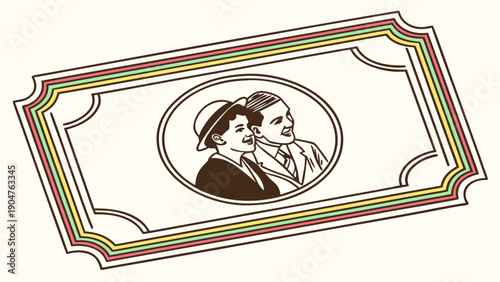 Vintage style ticket illustration featuring a classic portrait of a couple in early century attire