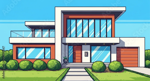 Modern Luxury House with Large Windows and Garage.