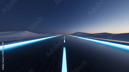 Glowing Road Lines at Dusk Highway Scene.