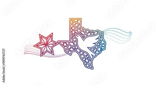 Colorful gradient Texas map with dove and star outline concept for peace and unity