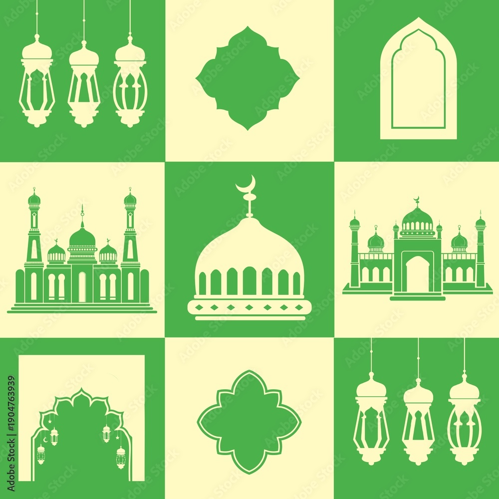 Fototapeta premium Ramadan and Eid al Adha Vector Icon Collection in Green