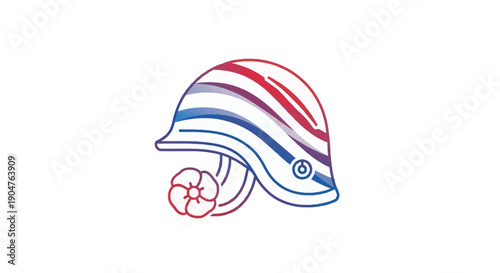 Colorful artistic military helmet with remembrance poppy flower illustration symbol of peace and