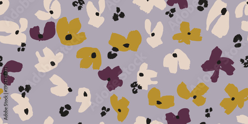 Soft lavender-based abstract floral vector pattern with earthy mustard, deep burgundy, and cream blooms—hand-painted texture, modern organic aesthetic. Ideal for fashion fabrics, home textiles