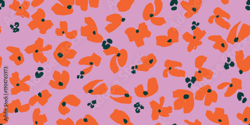 Vibrant orange poppy-inspired abstract vector pattern on soft pink background with bold dark green accents—fresh, energetic, and perfectly suited for summer fashion, swimwear, stationery