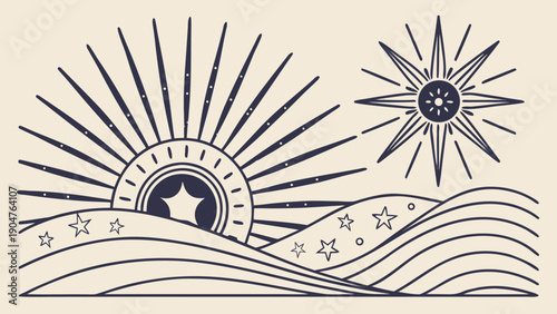 Stylized navy blue line art depiction of a rising sun over layered ocean waves containing stars with an additional star emblem on a cream background.