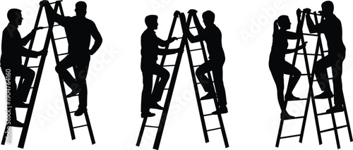 Ladder teamwork silhouettes illustration, cooperative workers climbing ladders together, construction maintenance collaboration concept, workplace safety partnership, professional 