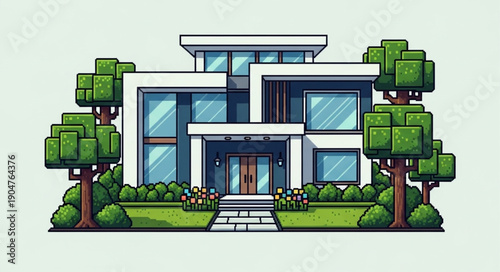 Modern Luxury House Exterior With Lush Green Landscaping.