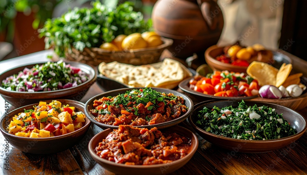 Obraz premium Assortment of Georgian dishes on a rustic wooden table.