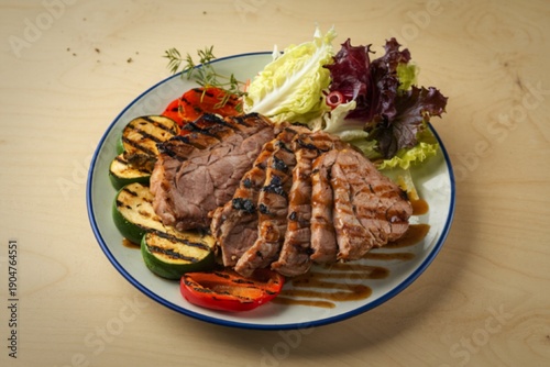 grilled pork meat and vegetables