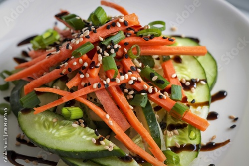 julienned orange carrots, sliced green cucumbers, and chopped green onions