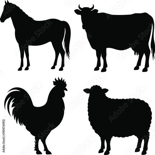 Silhouettes of Horse Bull Rooster and Sheep on White Background