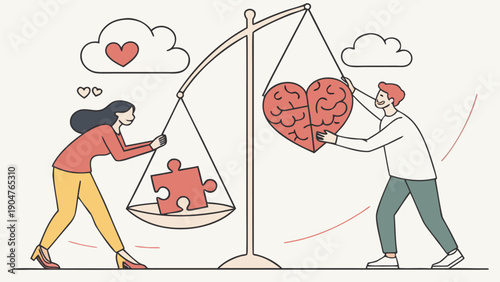 A woman places a puzzle piece on a scale balanced against a man holding a combined heart and brain organ illustration.