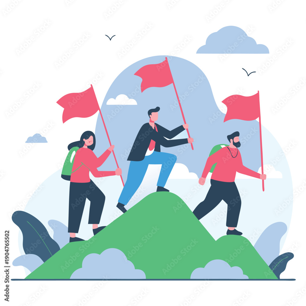 Fototapeta premium Business Leader Teamwork Climbing Up Mountain with Flag Leadership Challenge Concept in Modern Flat Vector Illustration
