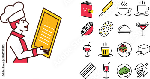 Restaurant menu icon collection. Includes food, drink, wine, coffee, dessert icons. Created in colorful line style with black and white palette.