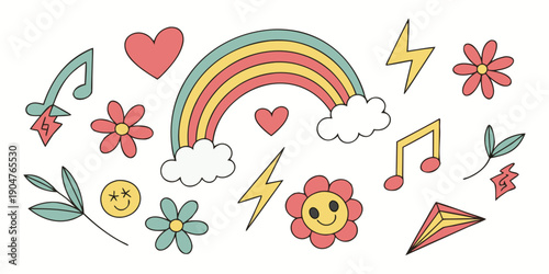 A vibrant and colorful illustration of various whimsical and playful objects Vector