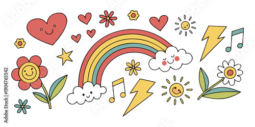 A vibrant and colorful illustration of various elements related to happiness and joy. Vector