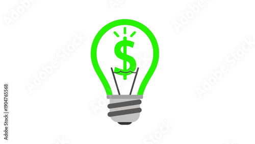 Green Dollar Sign Light Bulb Vector Icon: Financial Idea, Money Concept, Business Innovation, and Profitable Solution Symbol on White Background.