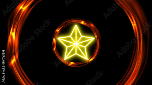 Glowing yellow star with five points surrounded by orange rings on a black background with a neon-like effect.