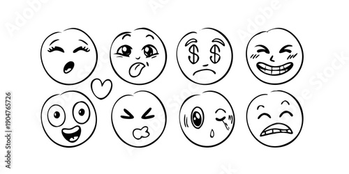 A collection of diverse emoticons expressing various emotions and reactions. Vector