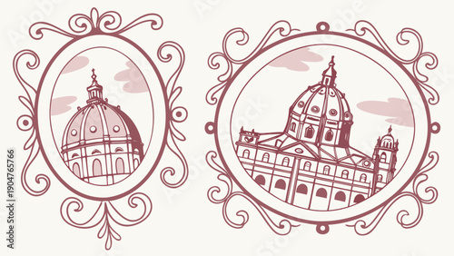 Vintage hand drawn architectural sketches of italian domes in ornate decorative frames
