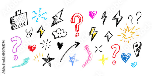 A colorful array of various symbols and icons with question marks. Vector