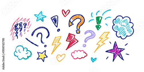 A vibrant collection of colorful doodles and symbols representing various themes and ideas Vector
