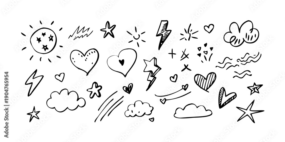 Naklejka premium A delightful array of whimsical doodles featuring hearts, stars, and clouds. Vector