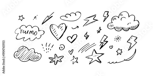 A delightful assortment of whimsical doodles featuring hearts, stars, clouds, and more Vector