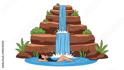 Woman relaxes peacefully in a natural stone pool under a beautiful cascading waterfall surrounded by greenery.