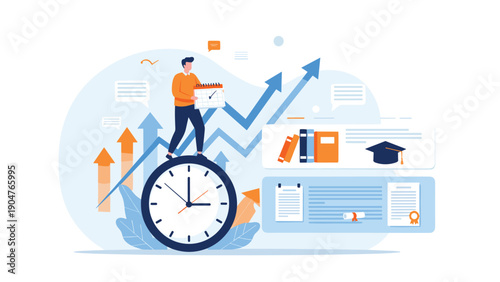 Young student balancing on a large clock while managing his time between studies and academic achievements.